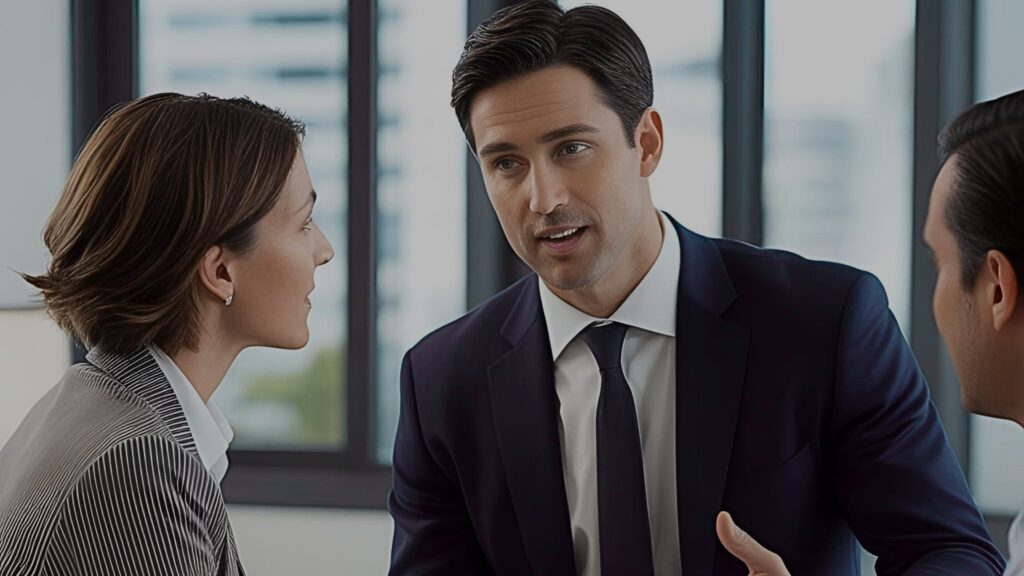 Three colleagues talking about how to achieve a growth mindset at work as part of their career development and professional growth. One Woman and two men. All three are dressed professionally and the background is an office.