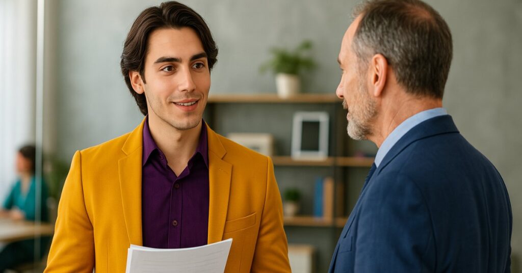 A young professional in a mustard blazer and purple shirt speaks confidently with an older colleague in a blue suit, suggesting a positive career conversation or growth discussion within the workplace.