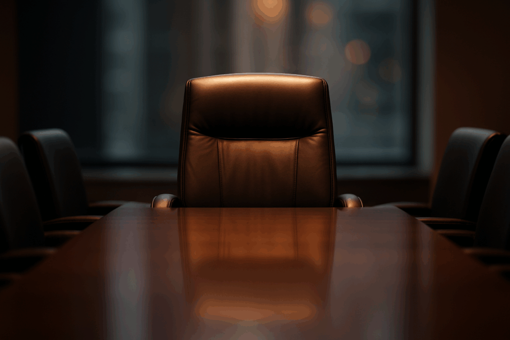 A powerful, empty brown executive chair at a polished conference table, symbolizing the position earned. This is the place where high-achievers conquer imposter syndrome by reviewing their "evidence locker" of professional success.