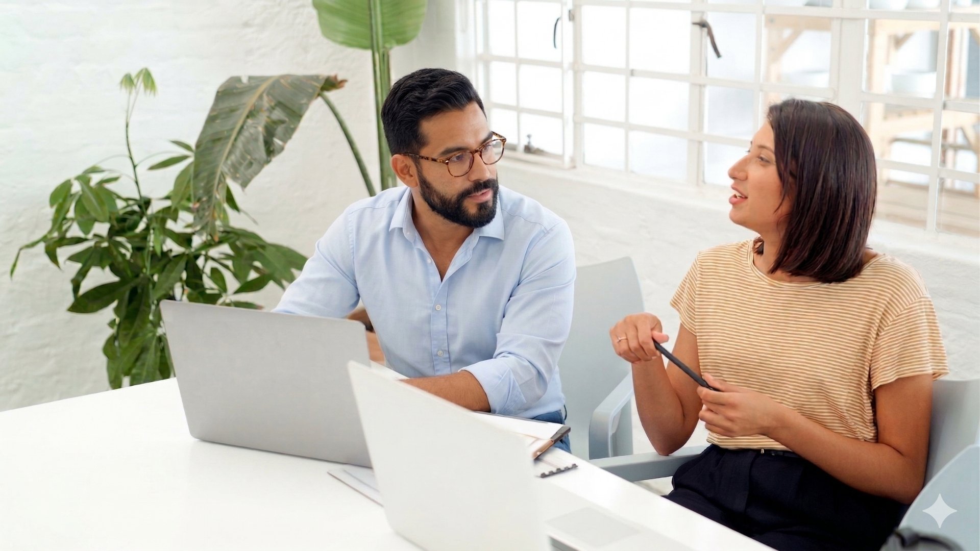 Two HR professionals having a collaborative discussion at a modern office desk with laptops open.