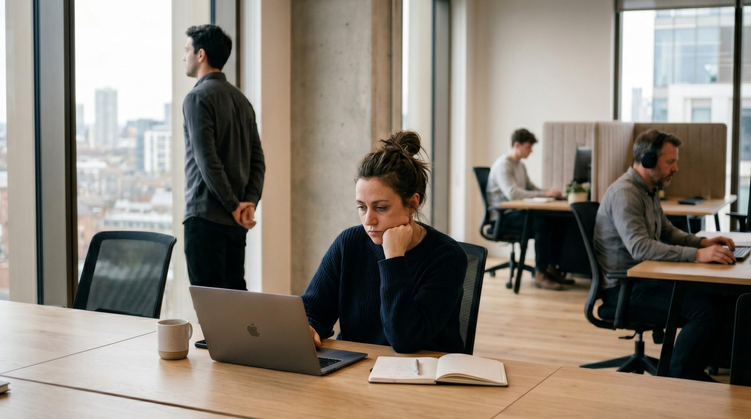 A photograph taken in a modern office with large windows overlooking a city shows a woman in the foreground looking bored as she uses a laptop at a desk. An employee stands nearby looking out the window while a different person in the background uses headphones and a computer.