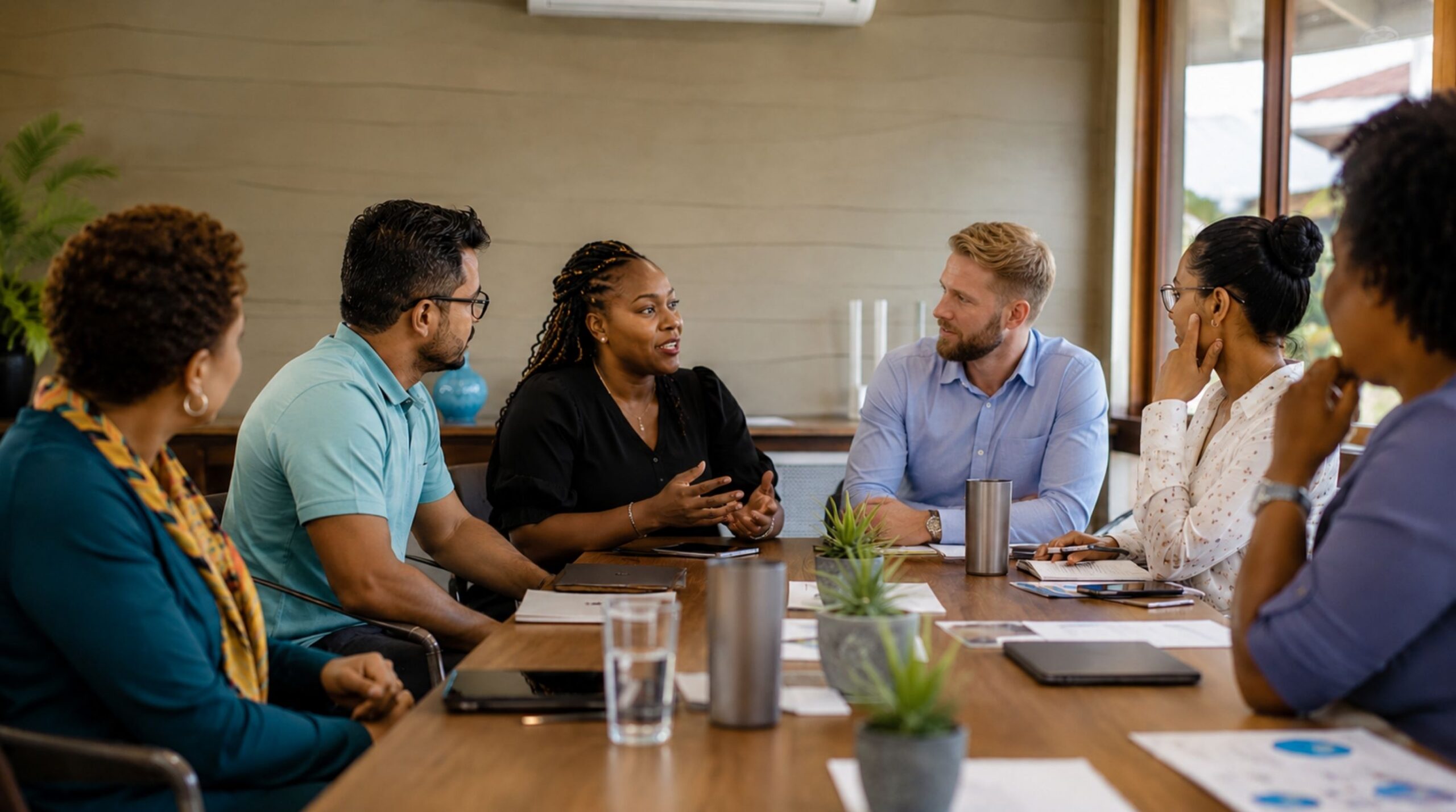 Diverse team in a workplace meeting with varying levels of participation, illustrating the difference between diversity and inclusion