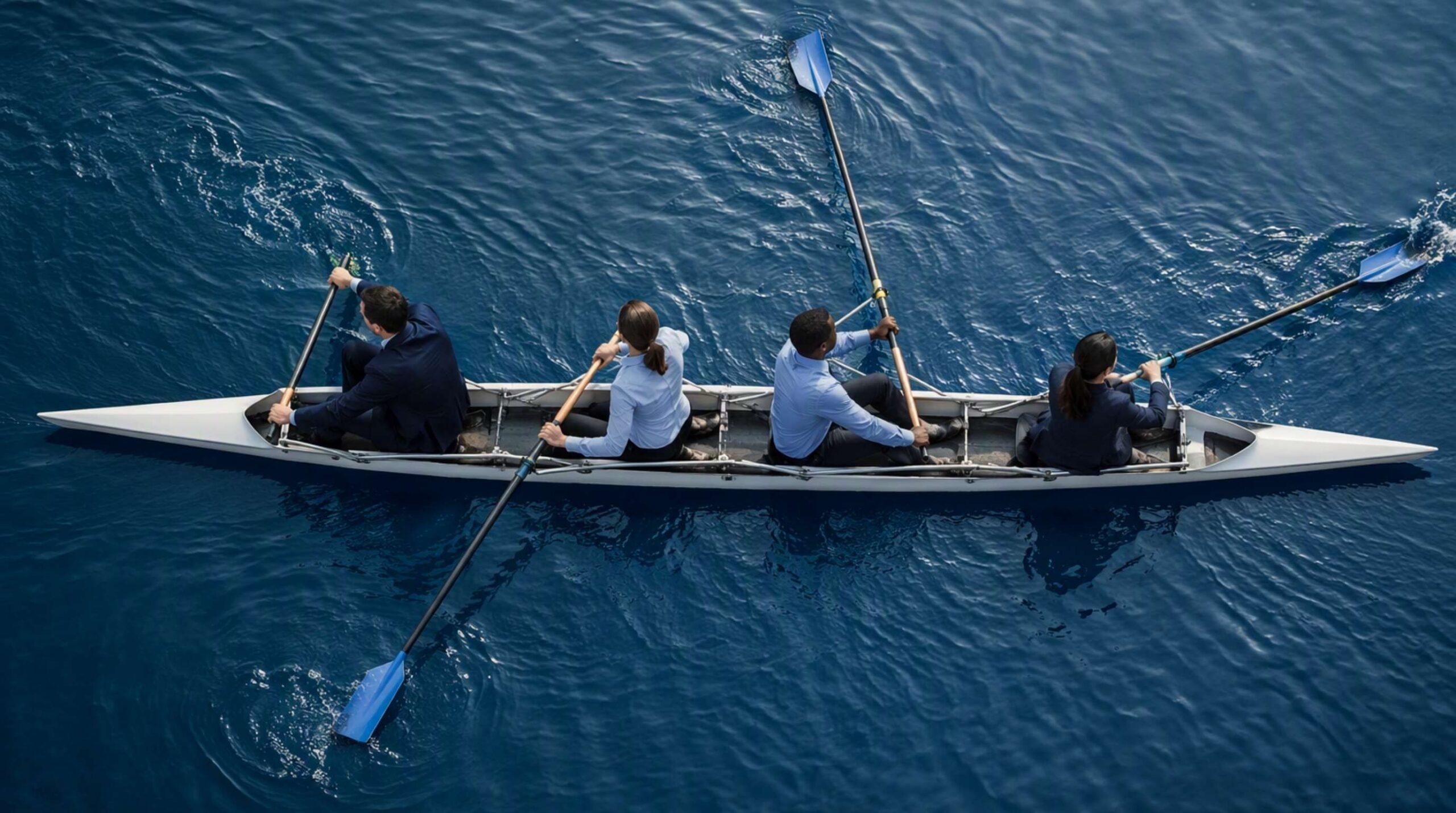 Business professionals in a rowing boat pulling in different directions, illustrating the hidden cost of organizational misalignment and competing priorities.
