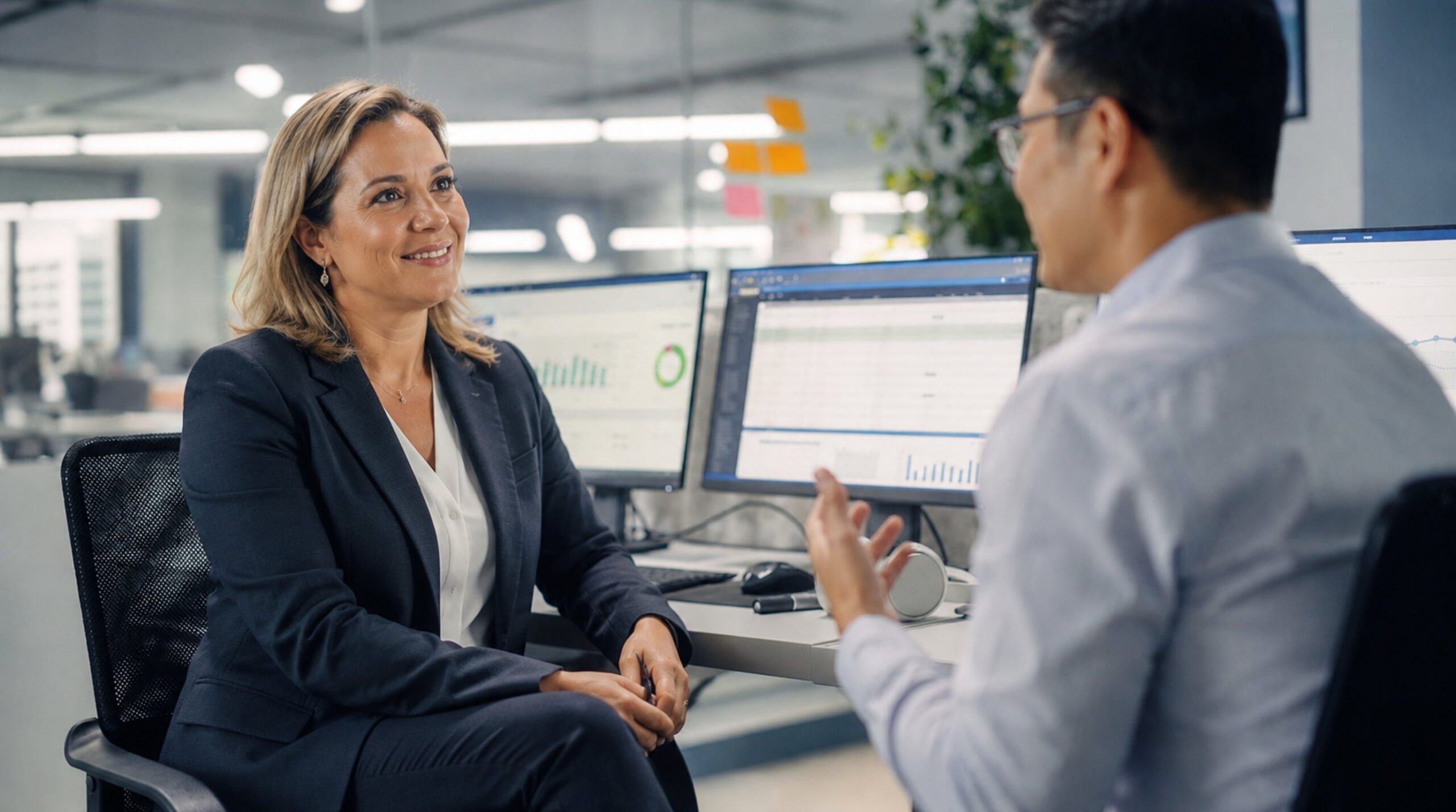 E female manager coaching and listening to a male employee.