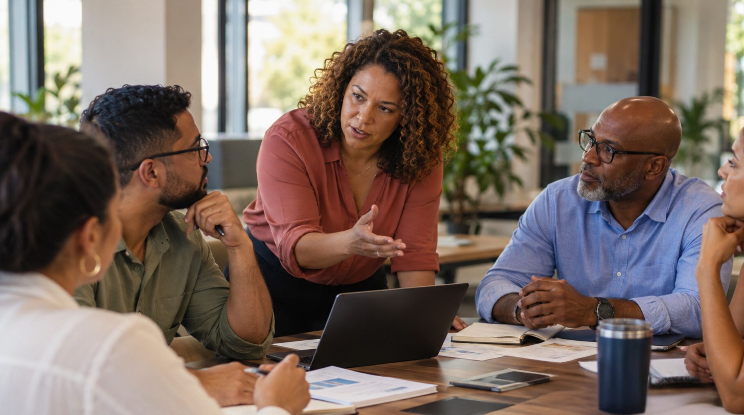 Diverse multigenerational team discussing work and reviewing documents in an office.